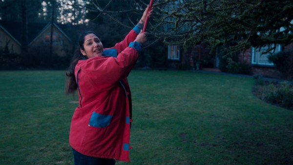 woman getting a kite down from a tree