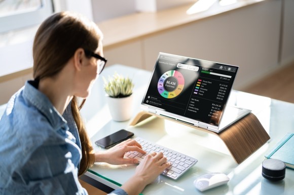 Young white woman inputting information into an expense-tracking software.