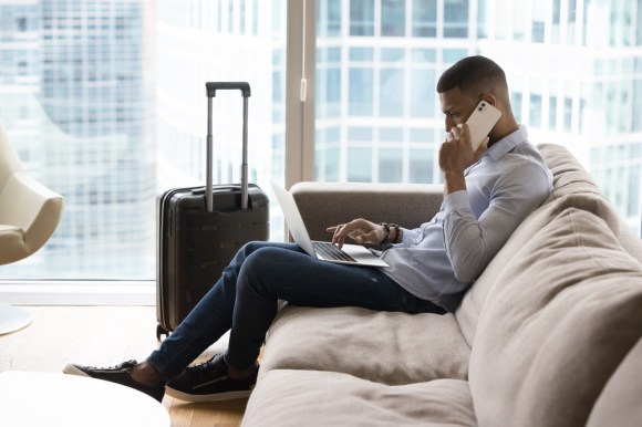 Businessman working in hotel.