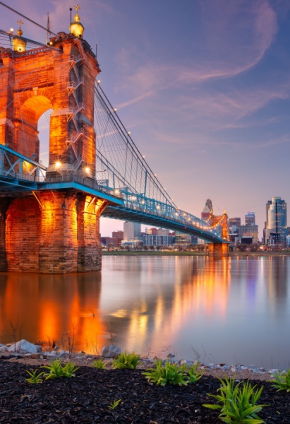 Cincinnati, Ohio, USA. Cityscape image of Cincinnati, Ohio, USA downtown skyline with reflection of the city in the Ohio River at spring sunset.