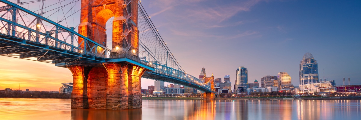Cincinnati, Ohio, USA. Cityscape image of Cincinnati, Ohio, USA downtown skyline with reflection of the city in the Ohio River at spring sunset.